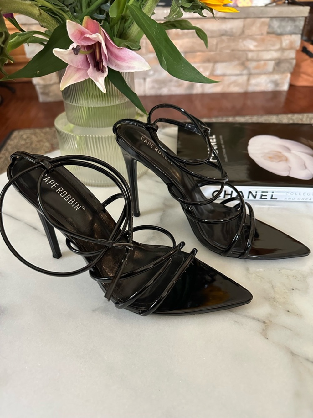 Cape Robbin Black Patent Strappy Pointed Stiletto Heels